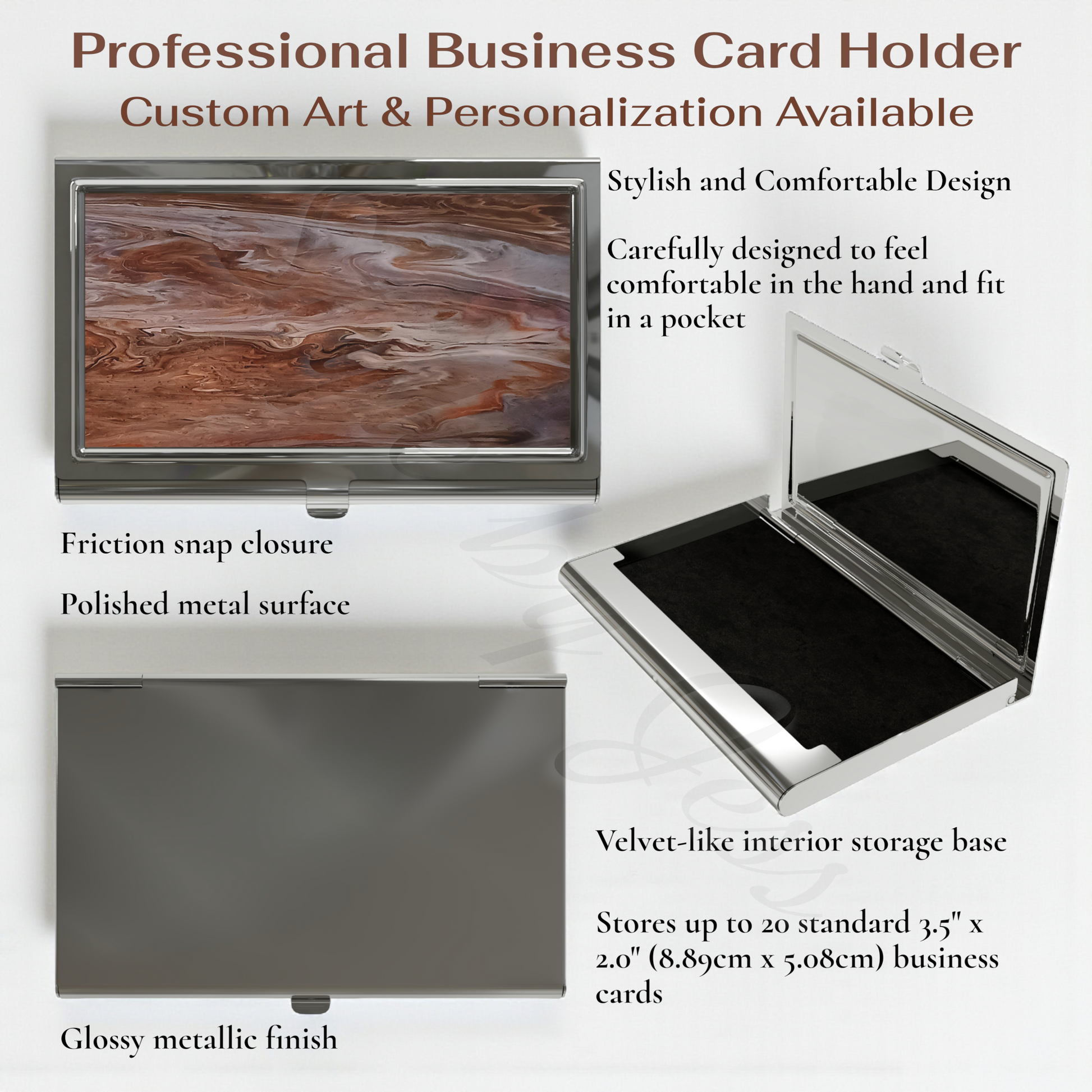 Professional business card holder with wooden design and text detailing features.