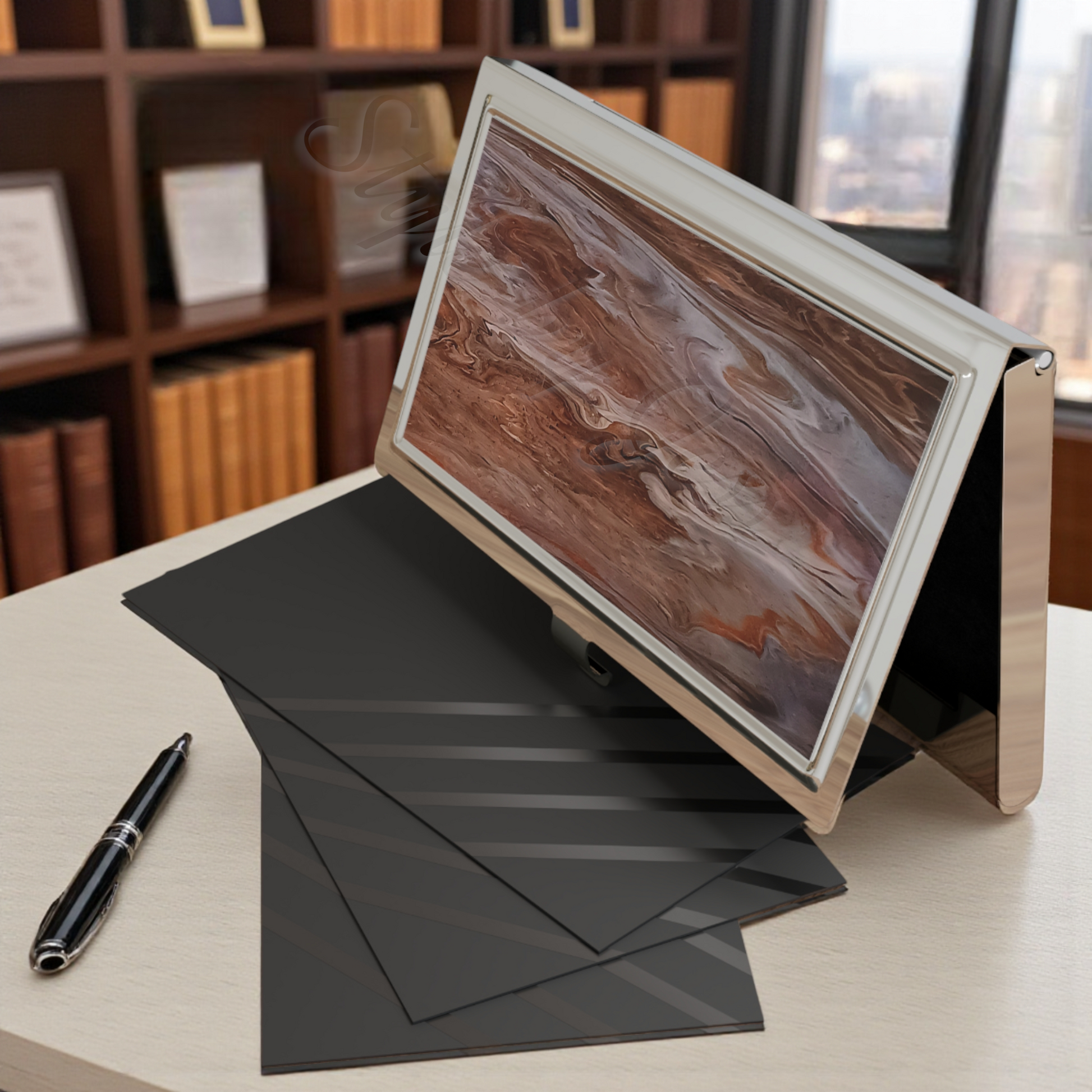 Professional Business Card Holder open with business cards on a table beneath it on a desk next to a pen and black paper, with a bookshelf and window in the background
