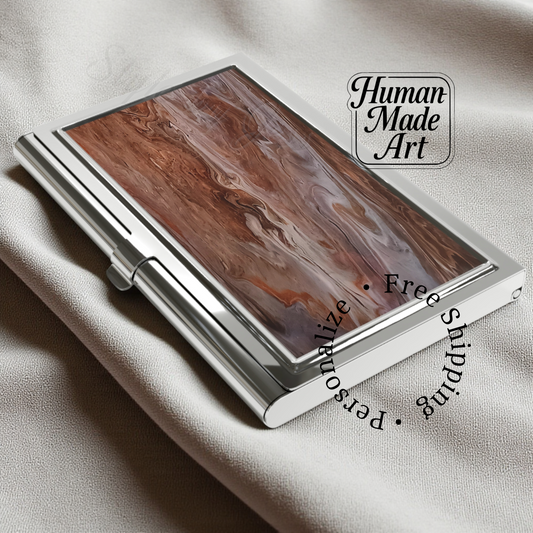 Business card holder with wooden pattern on a beige fabric background Style By Jess at Gotta Have It Design