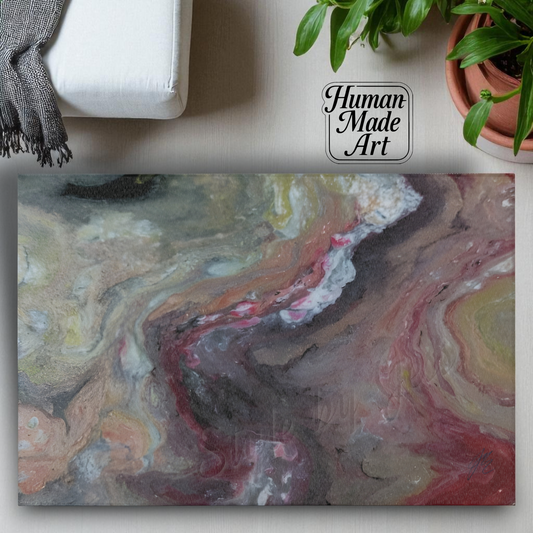 Abstract art on an area rug with 'Human Made Art' logo in a home setting.