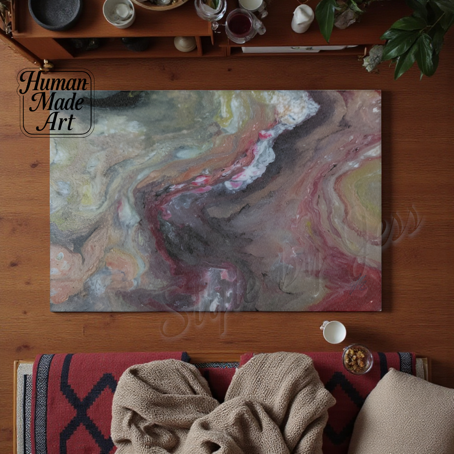 Abstract art image on a accent rug on a wooden surface with 'Human Made Art' branding.