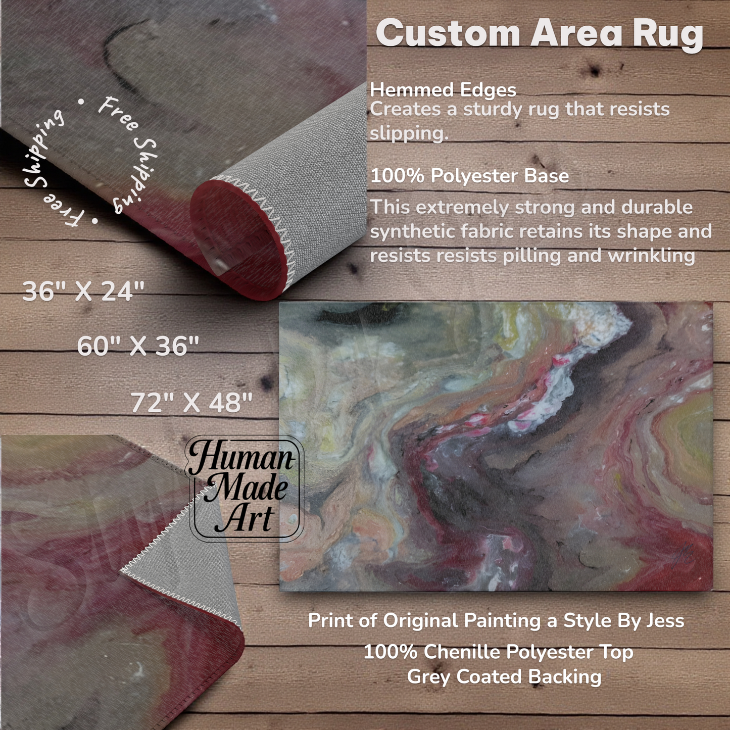 Custom area rug with specifications and a painting print on a wooden surface