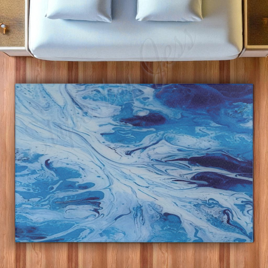 Blue and white abstract rug on a wooden floor