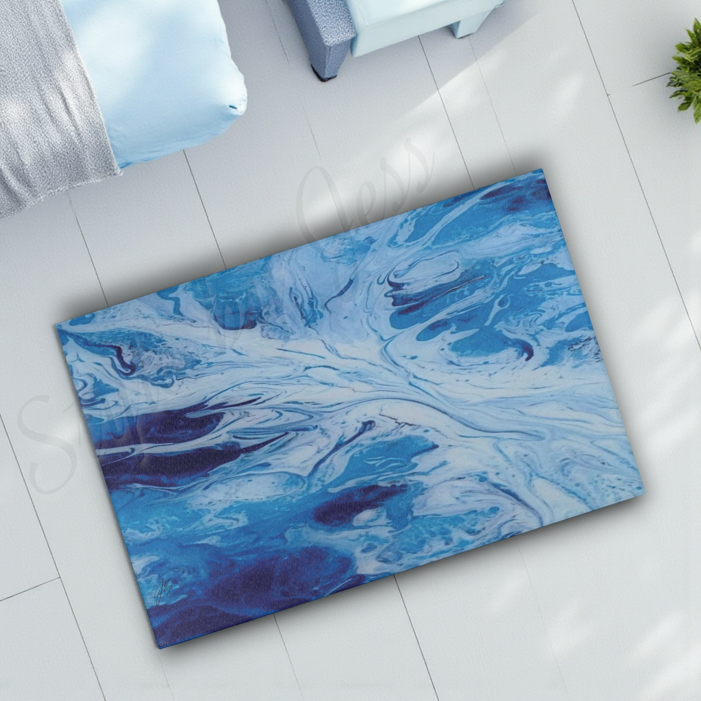 Blue marbled rug on a light gray floor