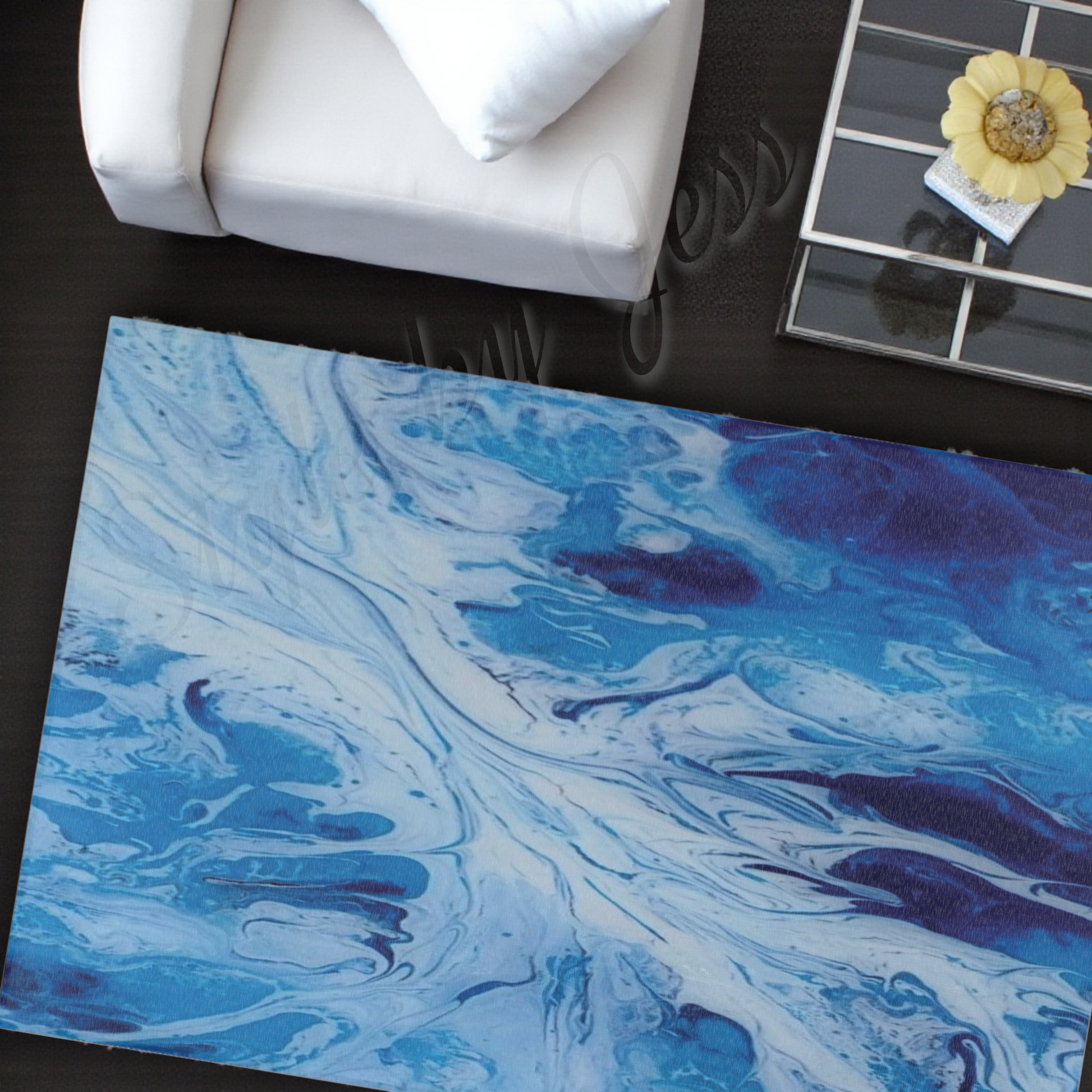 Blue rug on a dark surface with a white chair and decorative items.