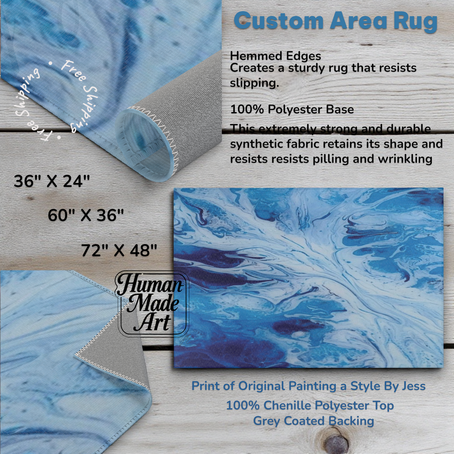 Blue abstract rug with text detailing product features and dimensions on a wooden surface.