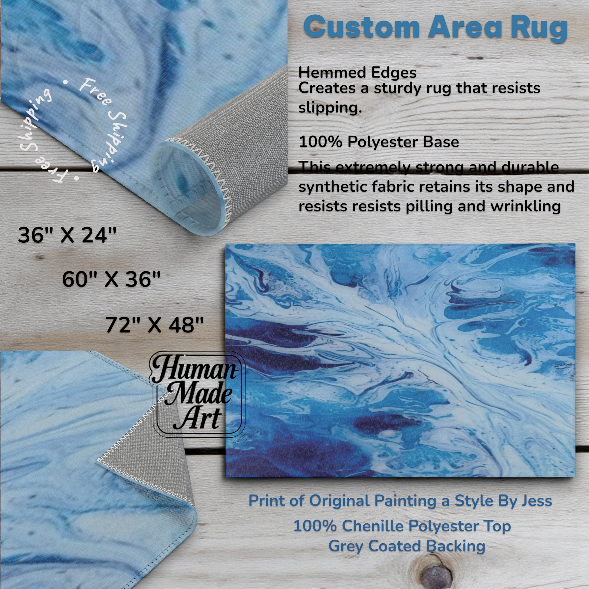 Blue abstract rug with text detailing product features and dimensions on a wooden surface.