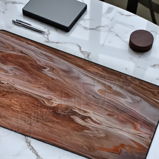 Wooden desk style large mouse pad organizer with marbled design on a marble surface. A Style by Jess