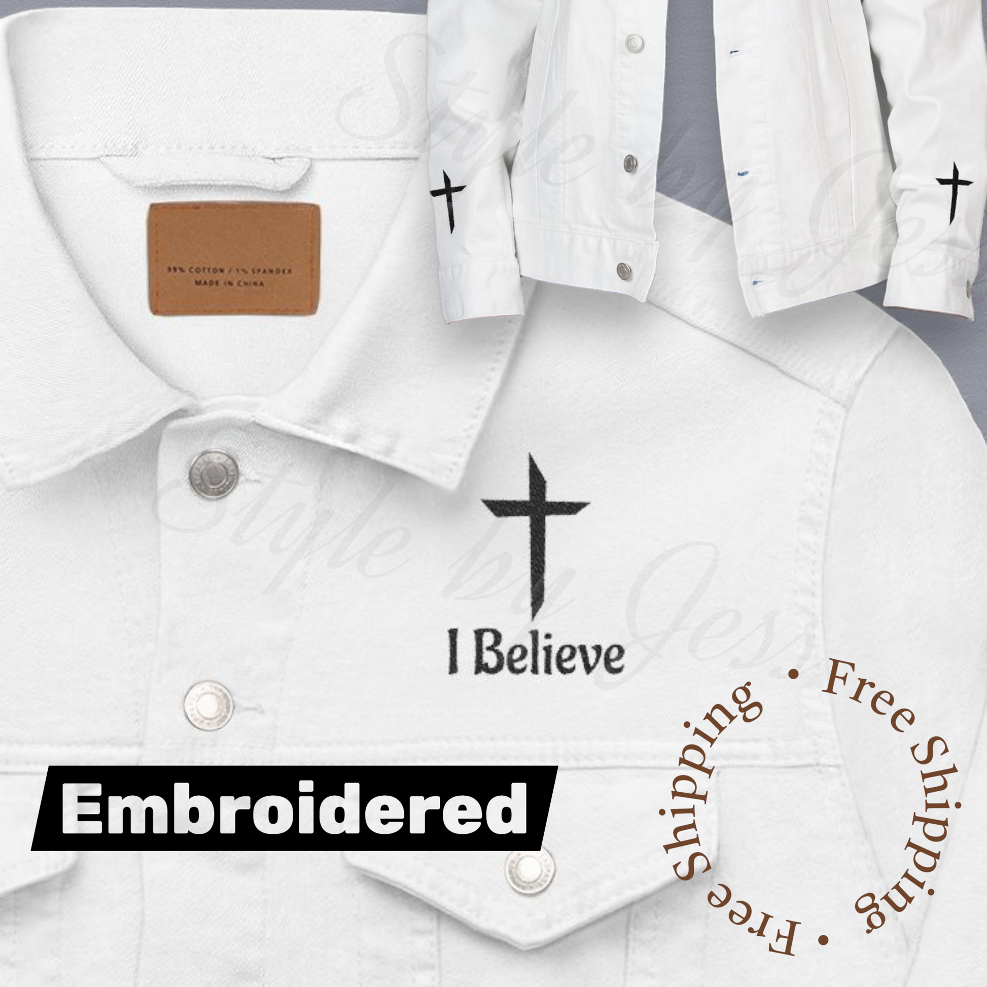 White jean jacket with black embroidered text and crosses on a white background a Gotta Have Faith Series