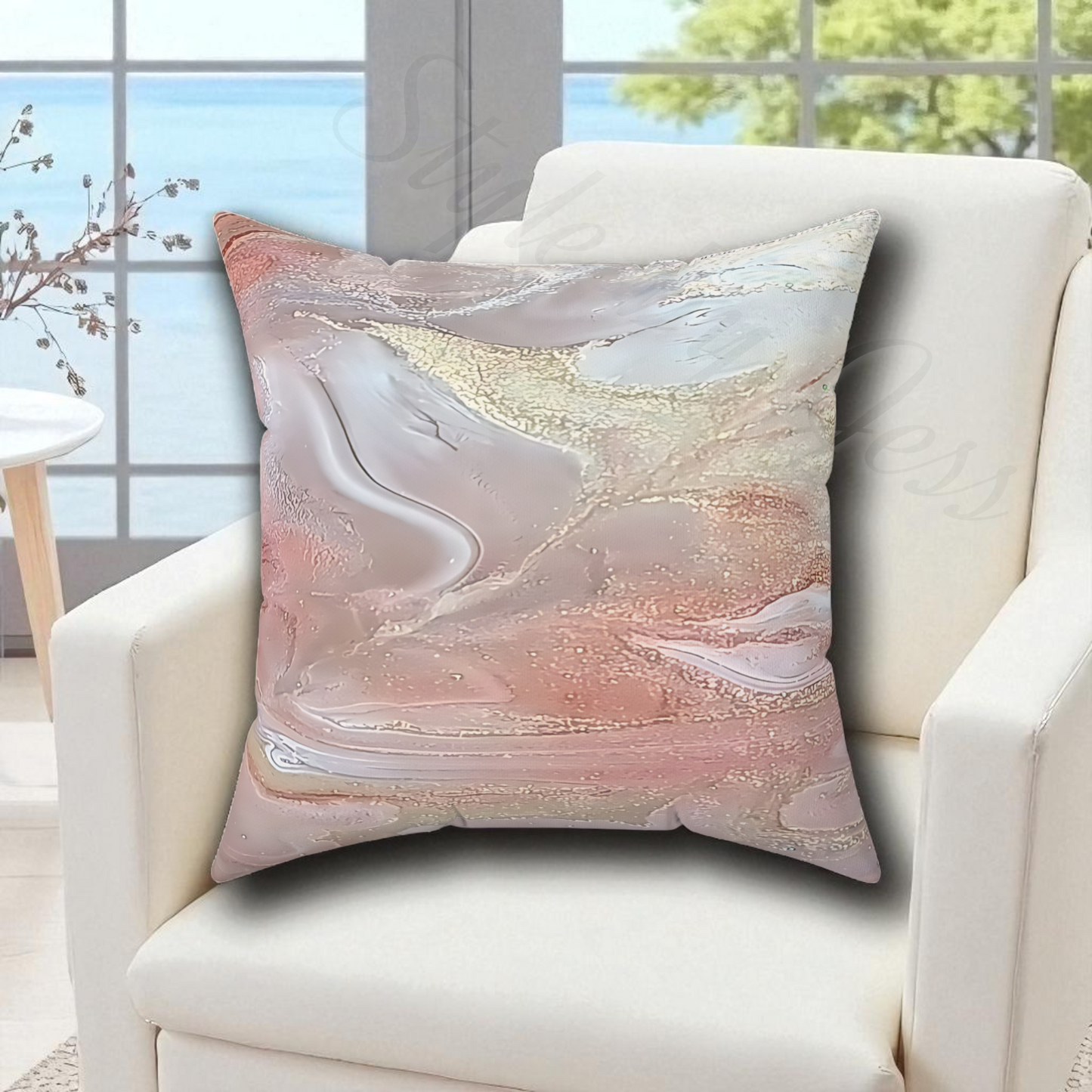 Decorative pillow insert and cover with a marble pattern on a white armchair in a bright room.