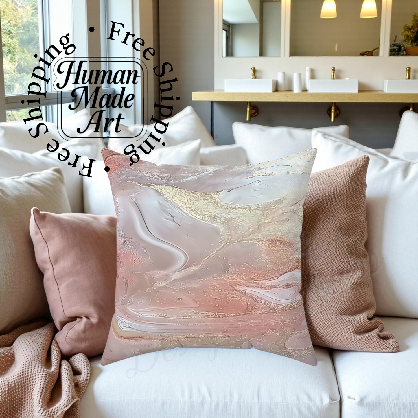 Decorative pillows on a sofa Human Made Art and Free Shipping text a Style By Jess text overlay
