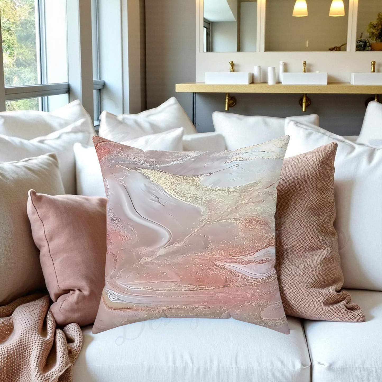 Decorative abstract art throw pillows on a sofa with a neutral color scheme