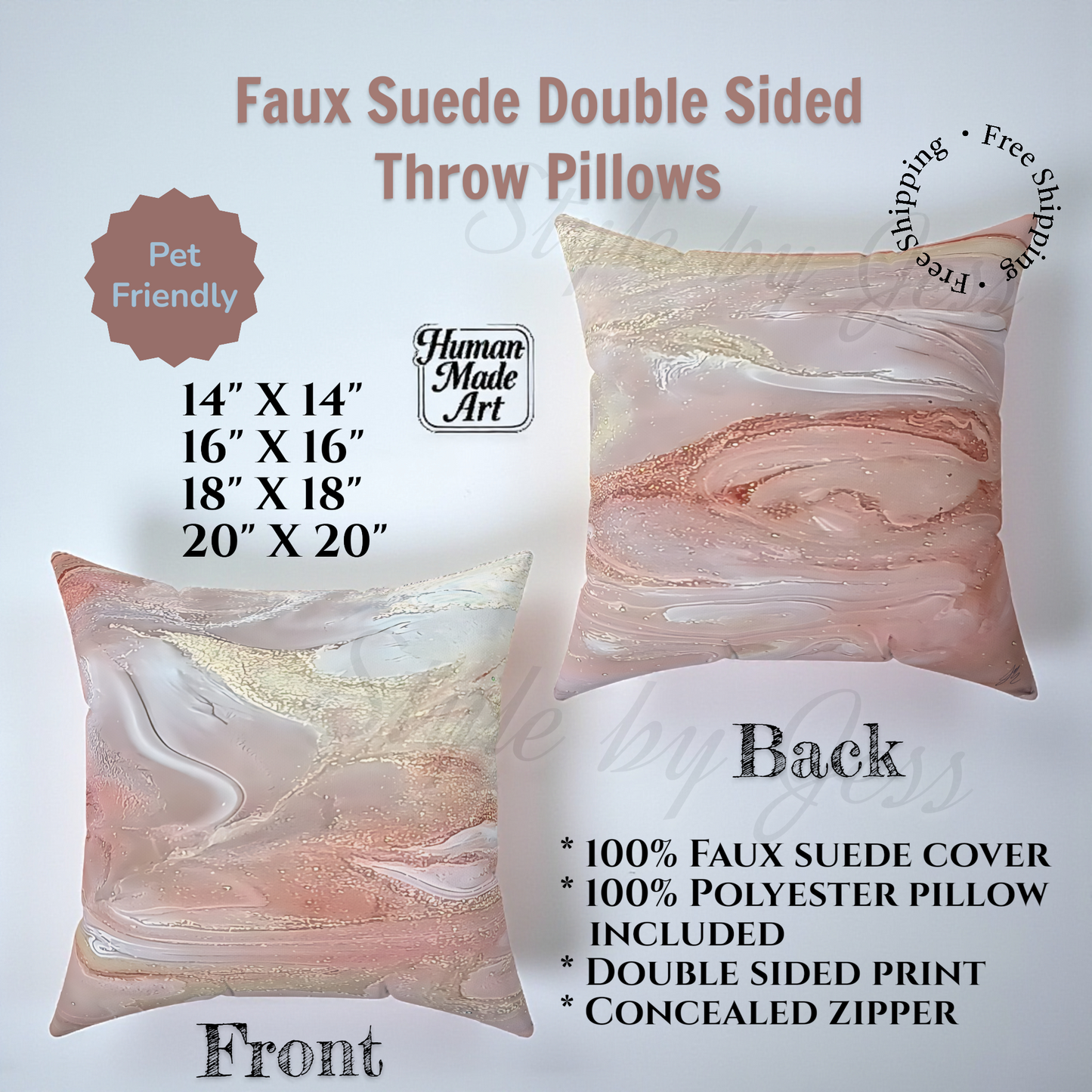 Faux suede double-sided throw pillows with product details on a white background