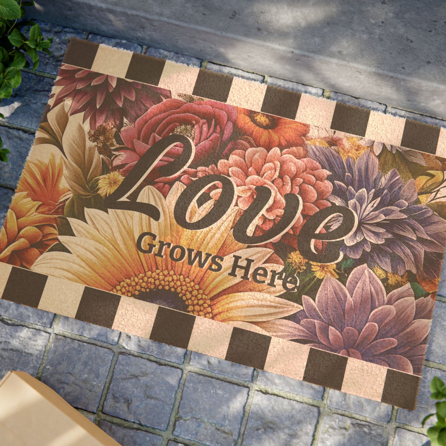 Floral doormat with 'Love Grows Here' text on a checkered border