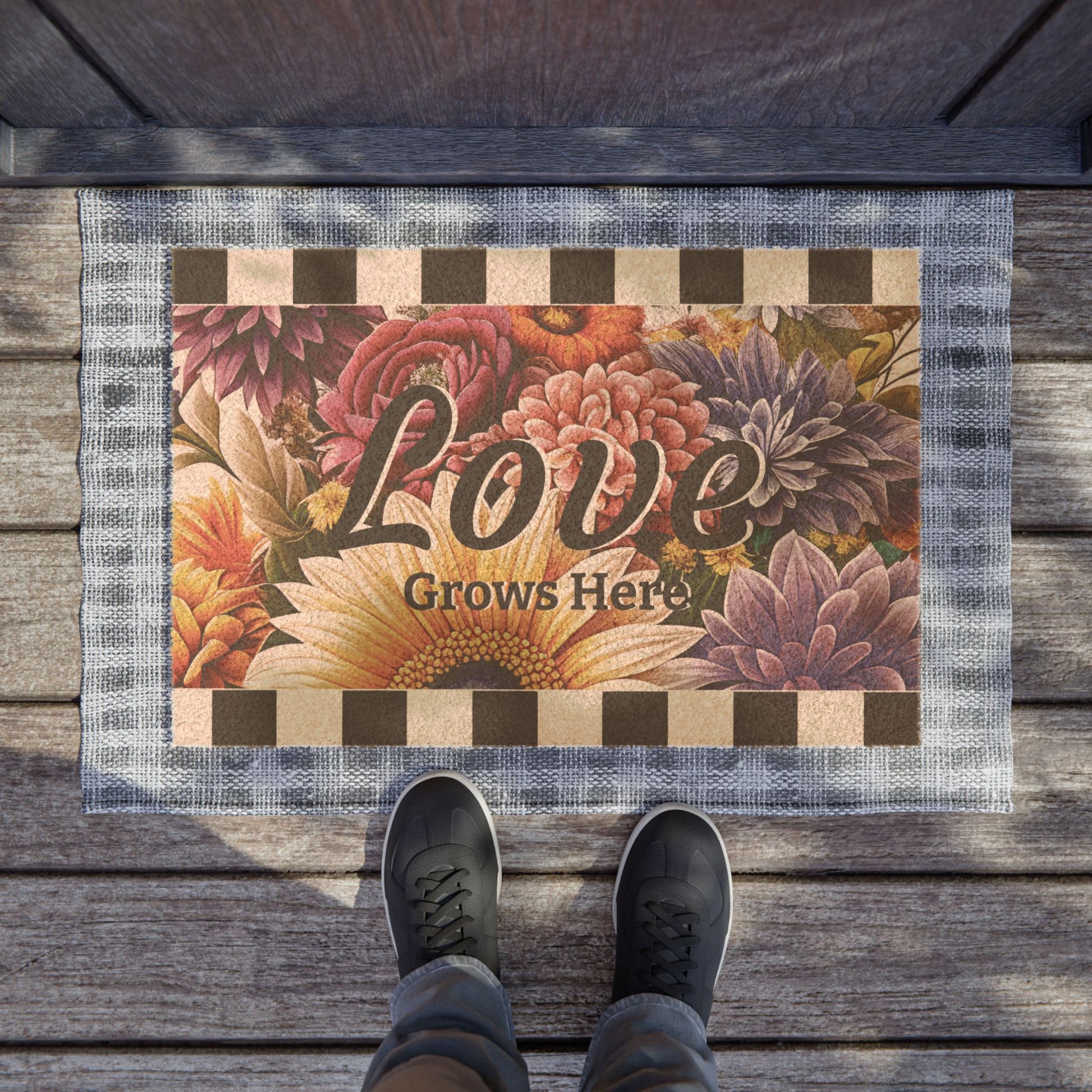 Doormat with floral design and 'Love Grows Here' text on a wooden floor.