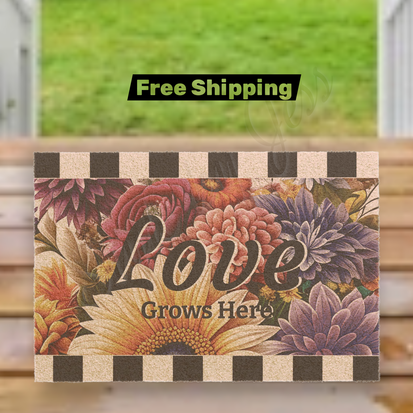 Outdoor rug floral doormat with 'Love Grows Here' text on a checkered border, displayed outdoors on a porch.