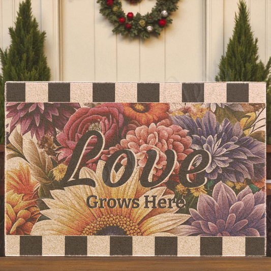 Decorative outdoor doormat with floral design and 'Love Grows Here' text, a Style by Jess