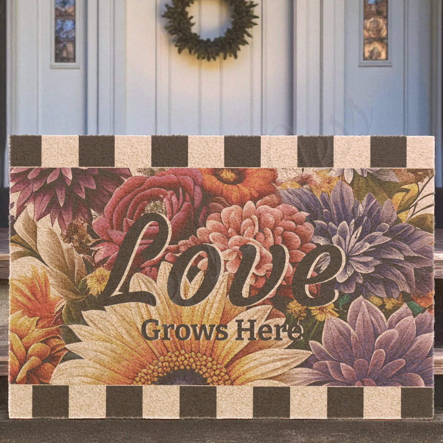 Floral entry rug doormat with 'Love Grows Here' text in front of a door.