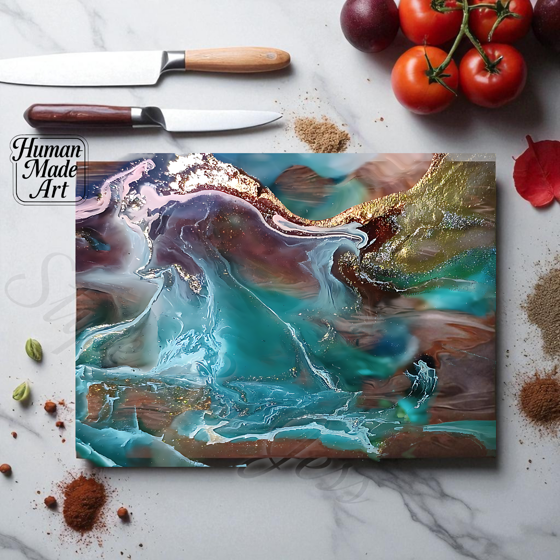 Marble style cutting board on a marble kitchen counter.