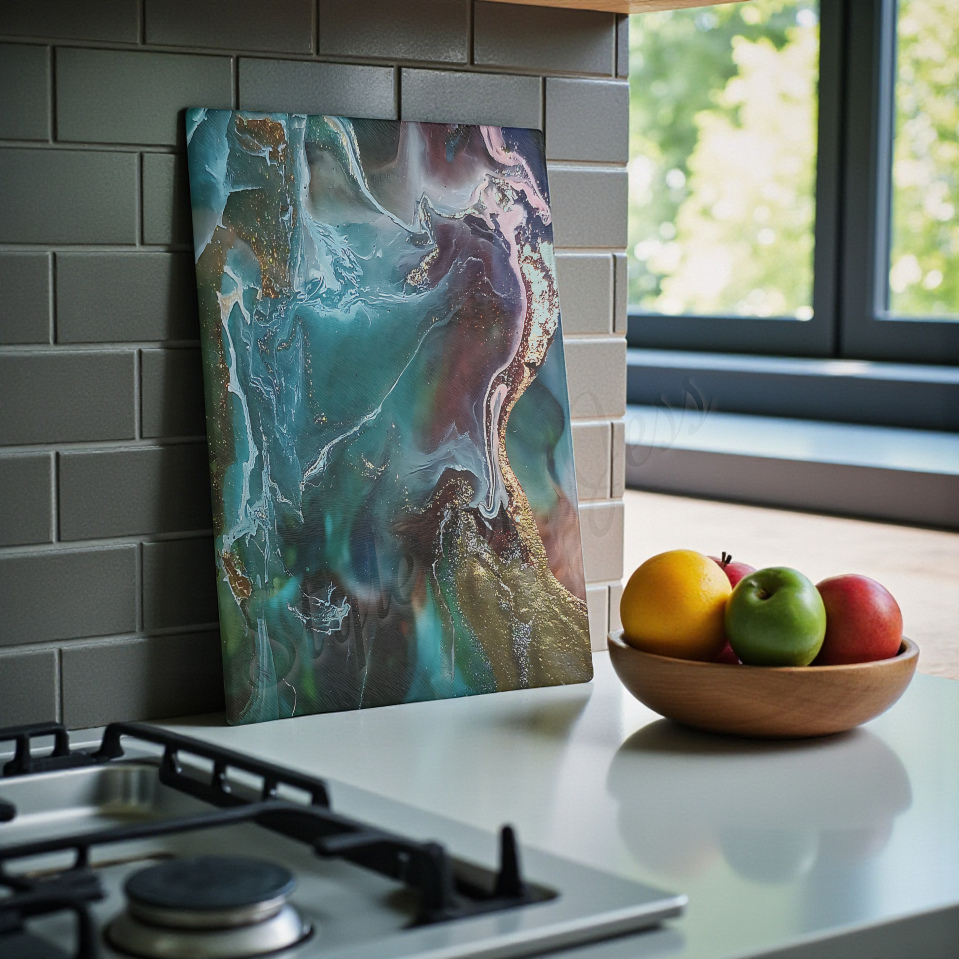 11" X 14" cutting board propped against a kitchen backsplash on display as kitchen art.