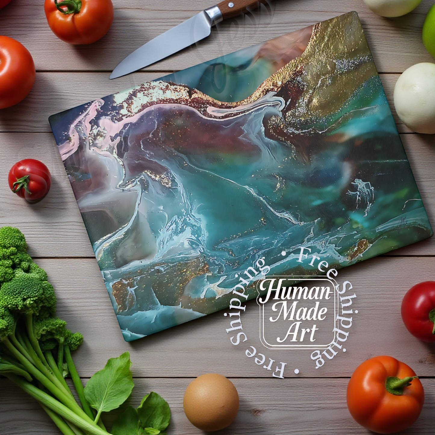 Glass Cutting Board with Abstract Art - Decorative Kitchen Serving Board & Gift