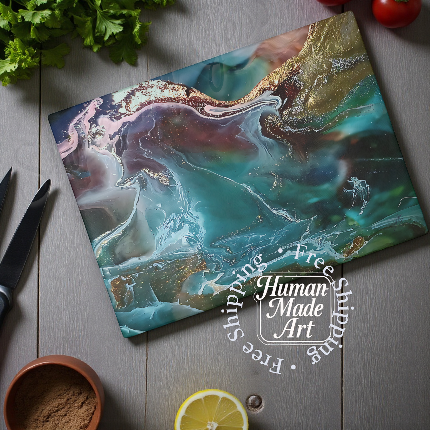 Abstract art cutting board kitchen accessory with vegetables and spices surrounding it.