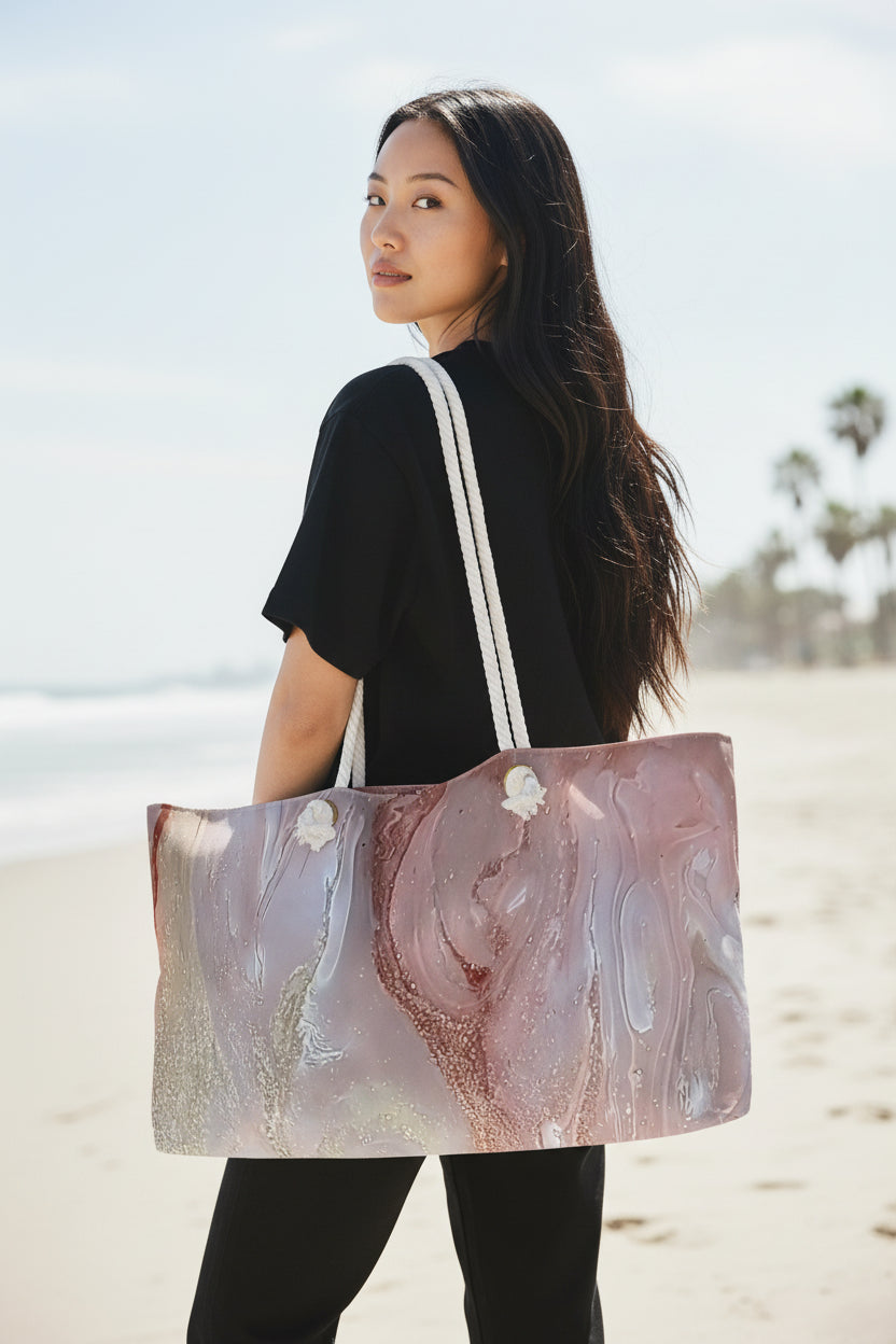 Woman carrying a large elegant work bag with a marble design on a beach.
