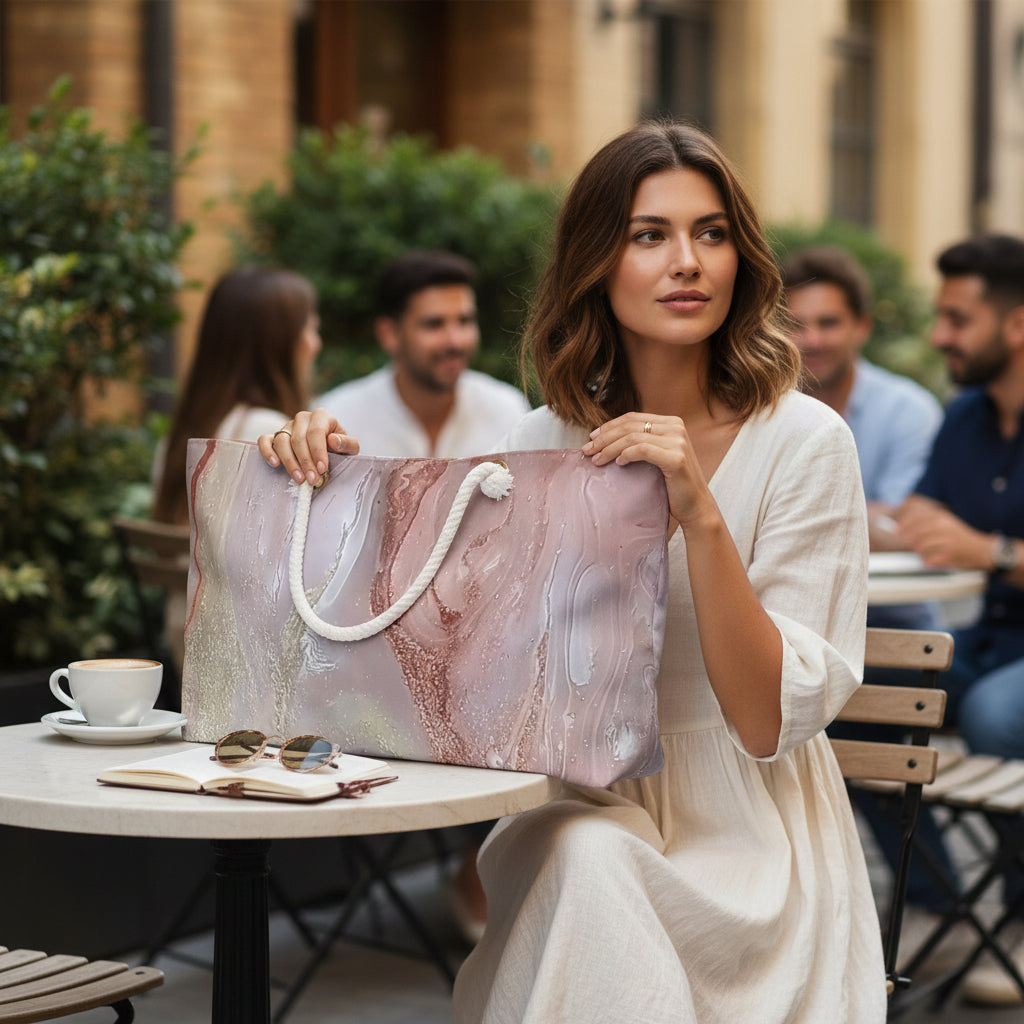 Woman holding a large handbag with an original abstract art print in an outdoor cafe setting.  Style by Jess