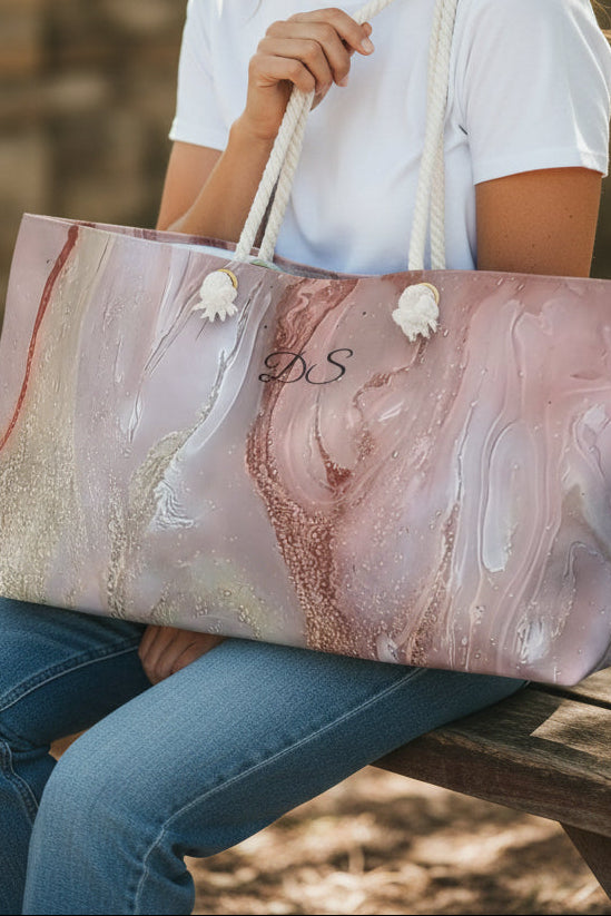 Woman holding a marbled tote bag with initials on  the bag while sitting outdoors