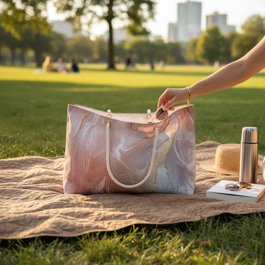 Person holding a marble-patterned shopping bag over a picnic setup in a park.
