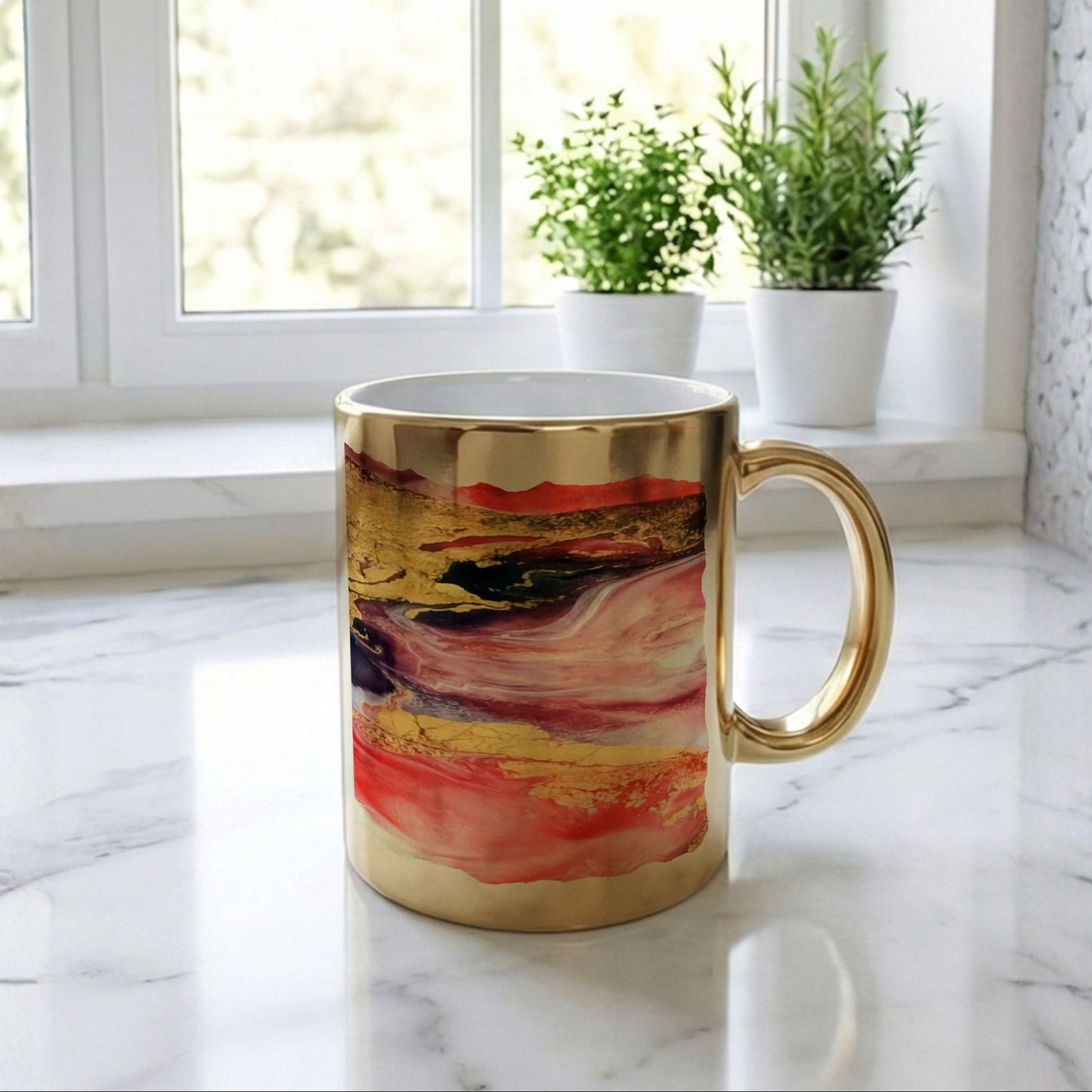 Mug gift with artistic marbled design on a gold surface with plants in the background a Style by Jess