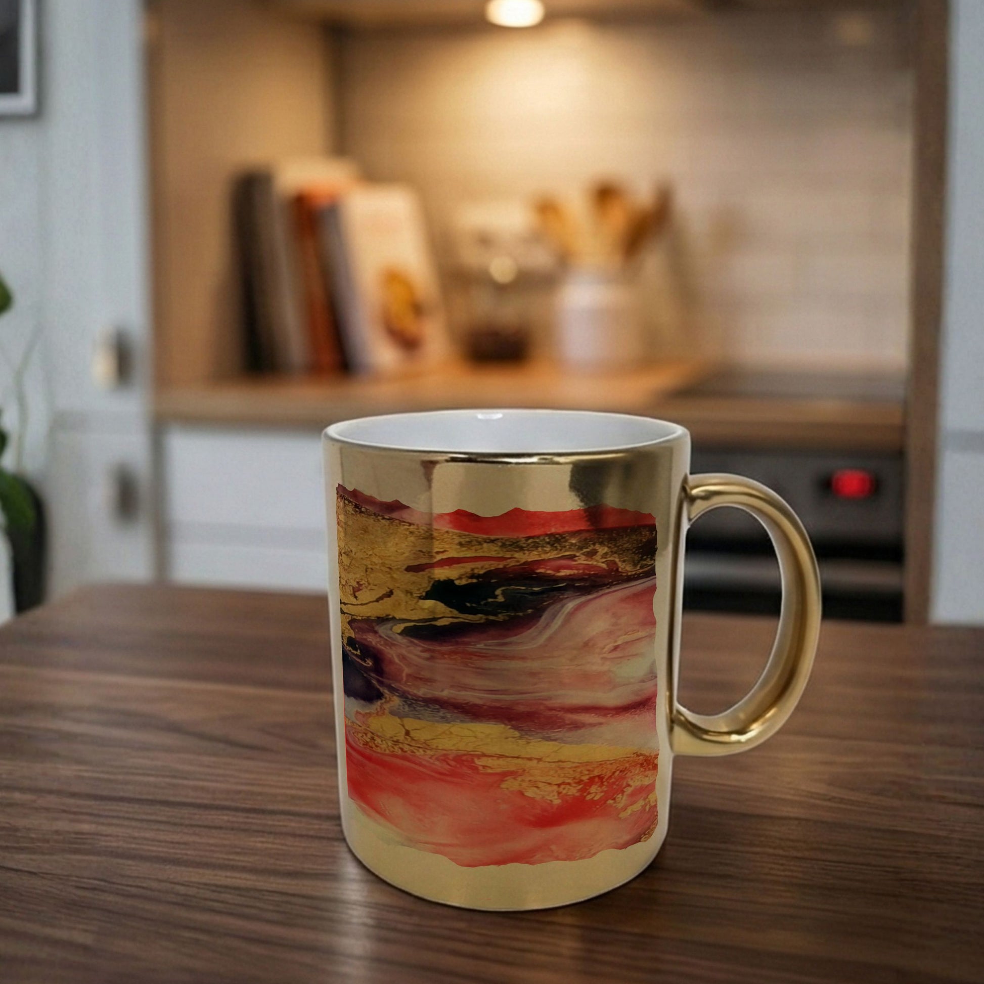 Mug with artistic design on a wooden table in a kitchen setting