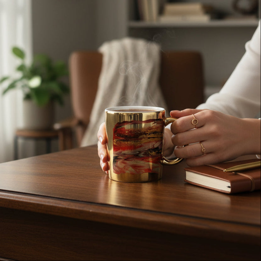 A woman holding a gifted mug with an abstract art design in red and black over a gold background.  She is sitting in an office and the unique mug is setting on a wooden desk in a cozy room.