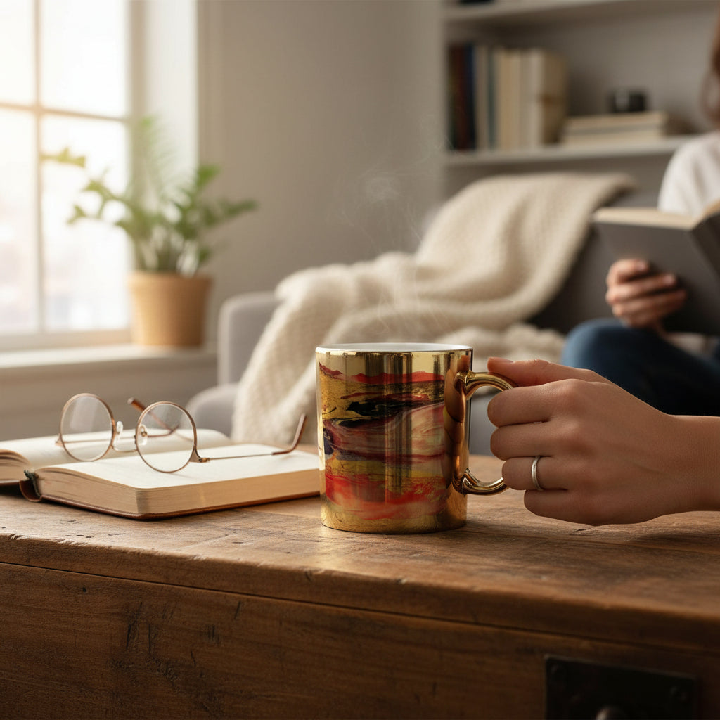 A man holding a colorful gifted mug on a wooden table with books and glasses nearby, in a cozy room.