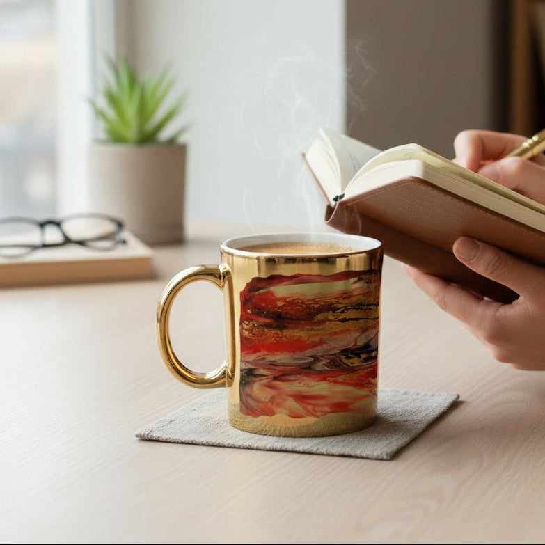 Person holding a book and next to a custom gold, red and black mug featuring a metallic god finish on a table.