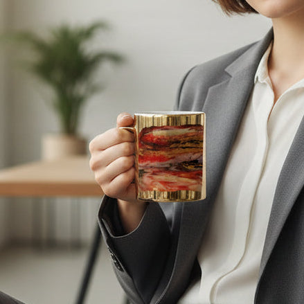 Woman in a gray suit holding a mug in an office setting