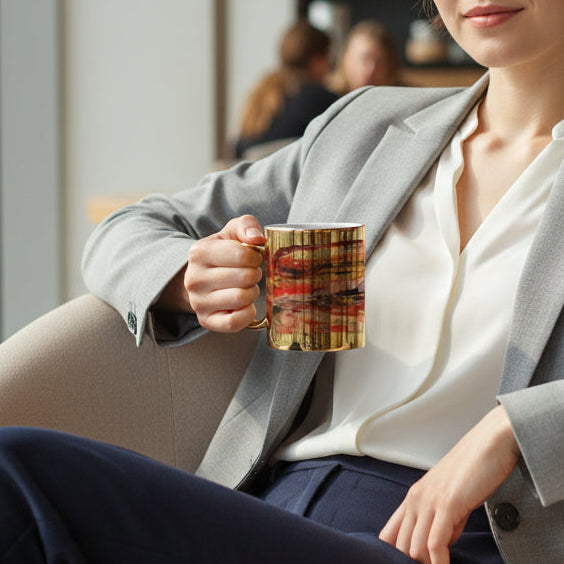 Woman in a gray blazer holding a mug in a modern office setting