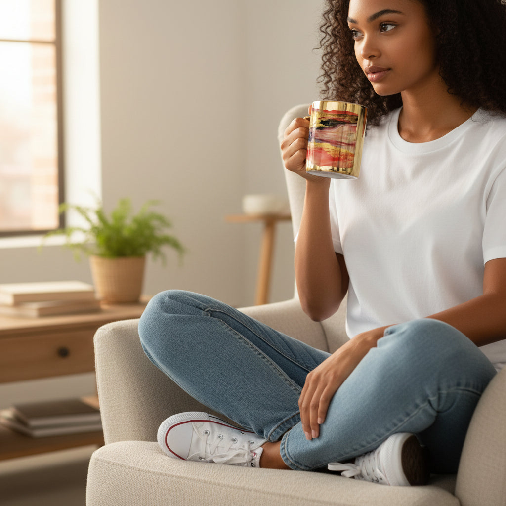 Woman sitting on a couch holding a mug in a cozy living room.