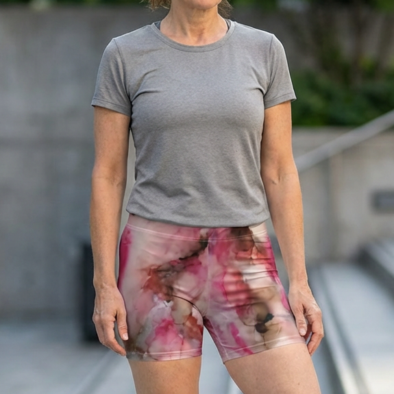 Woman wearing a gray t-shirt and colorful shorts standing outdoors on steps.
