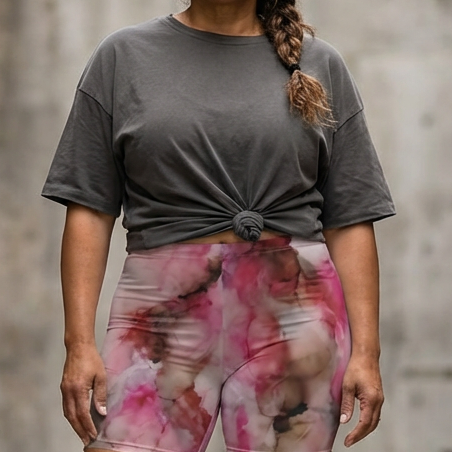 Woman wearing a gray t-shirt and pink tie-dye shorts standing in an outdoor setting with tables and chairs.