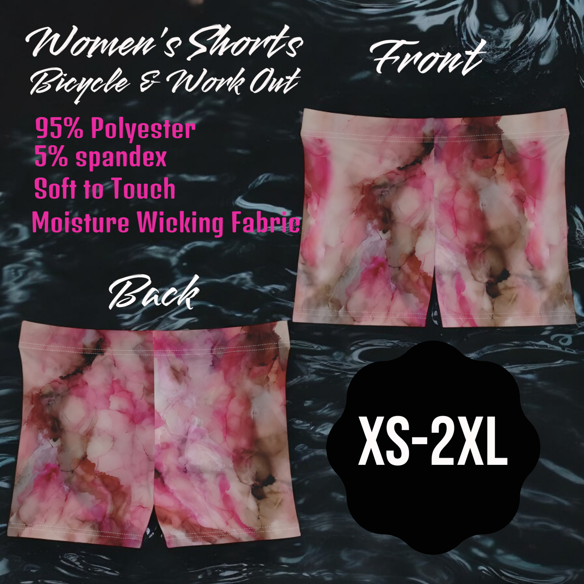 Pink and brown patterned shorts with product details on a black background