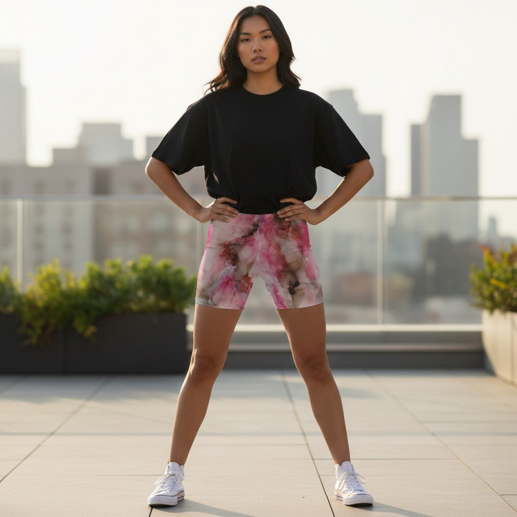 Woman wearing a black t-shirt and colorful workout shorts on a rooftop with cityscape background