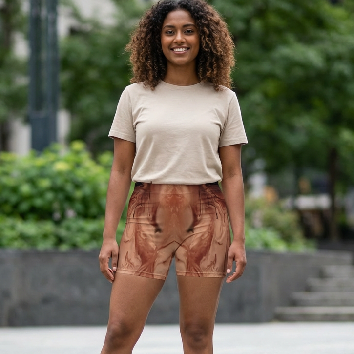 Woman standing outdoors wearing a beige t-shirt and abstract art patterned shorts a style by Jess with Gotta Have It Design.