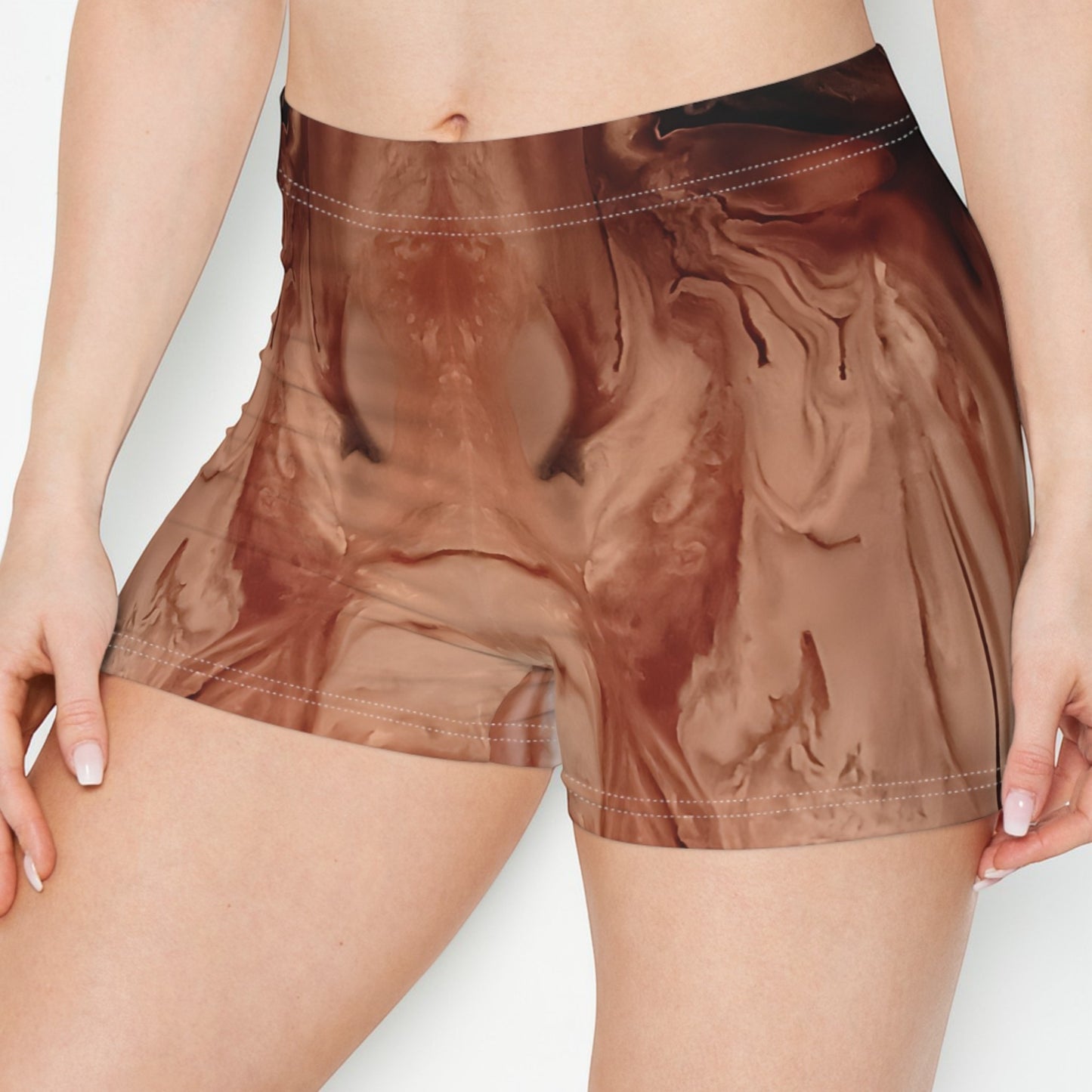 Brown marbled shorts worn by a person on a white background representing the front of short shorts.