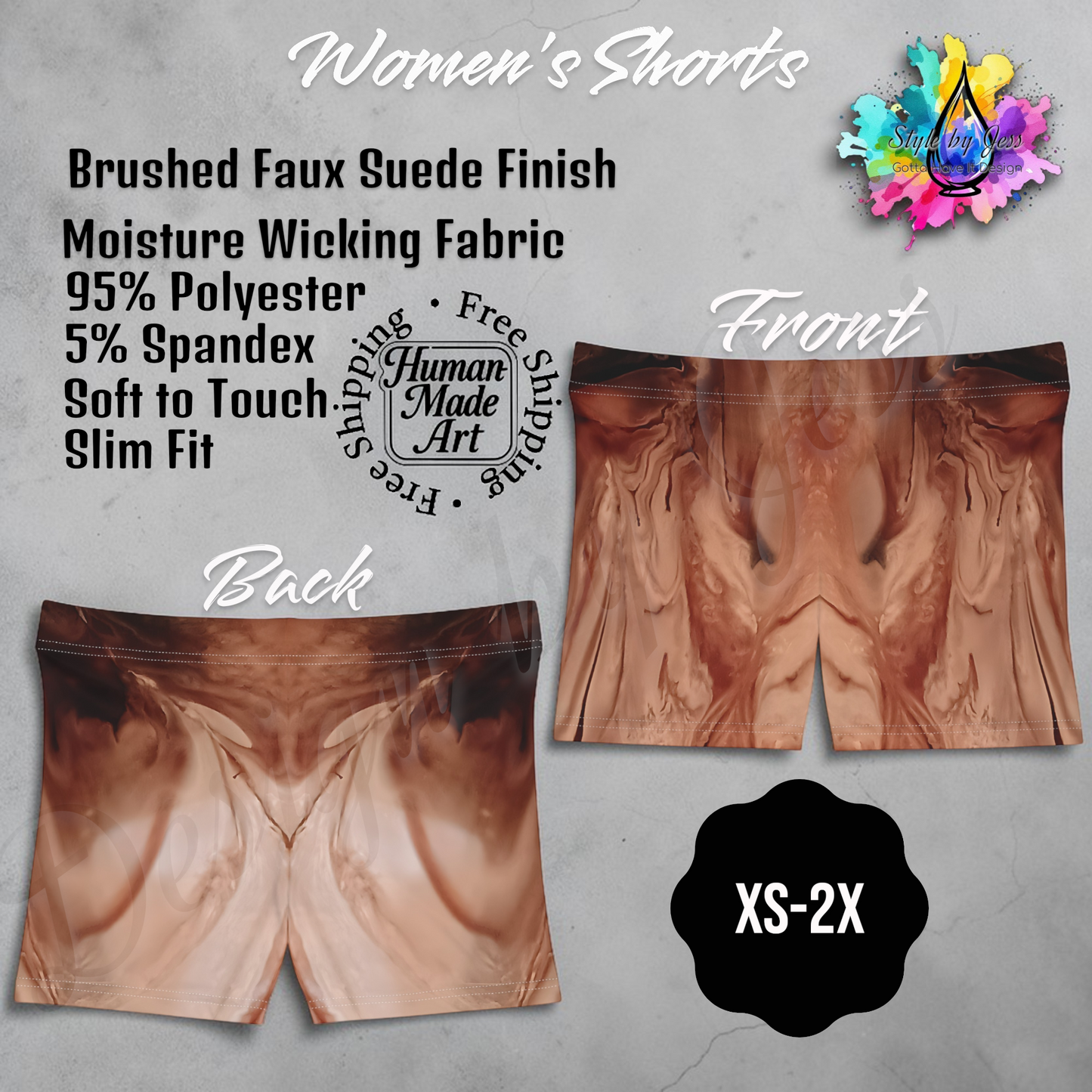 Brown faux suede shorts with product details on a gray background