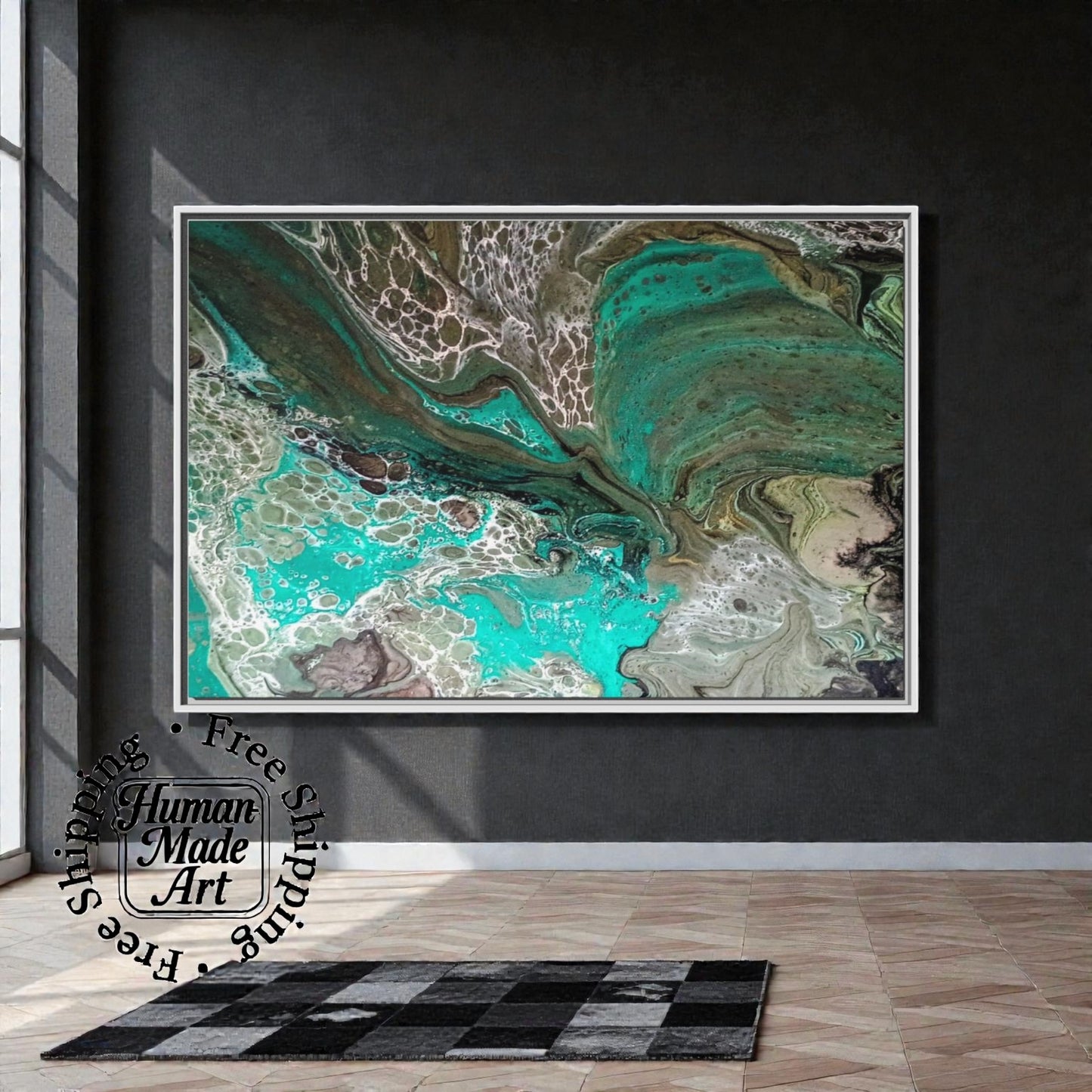 Large wall art with a vibrant print of a painting in a white frame on a black wall with a checkered rug on the floor in a loft.