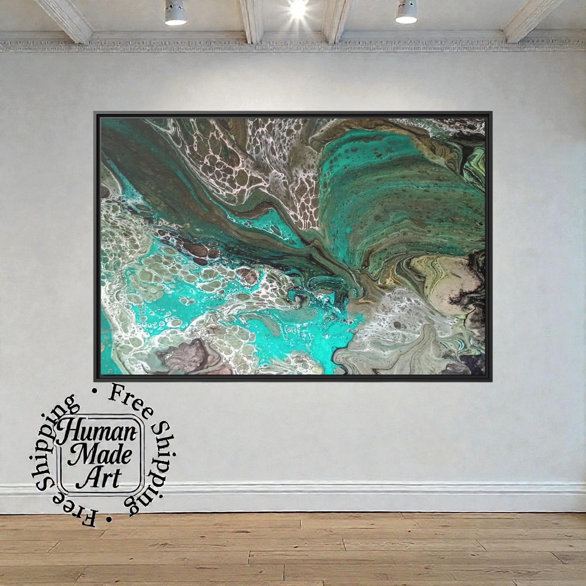 Abstract art piece on a white wall with 'Human Made Art' branding a Style by Jess at Gotta Have It Design.
