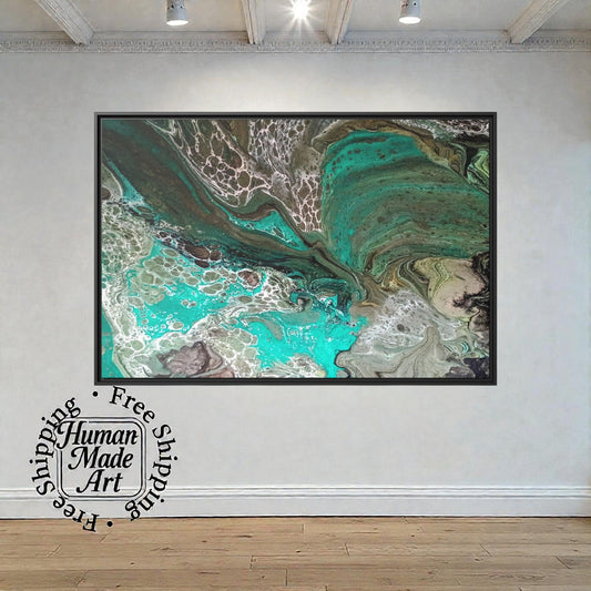 Abstract art piece on a white wall with 'Human Made Art' branding a Style by Jess at Gotta Have It Design.