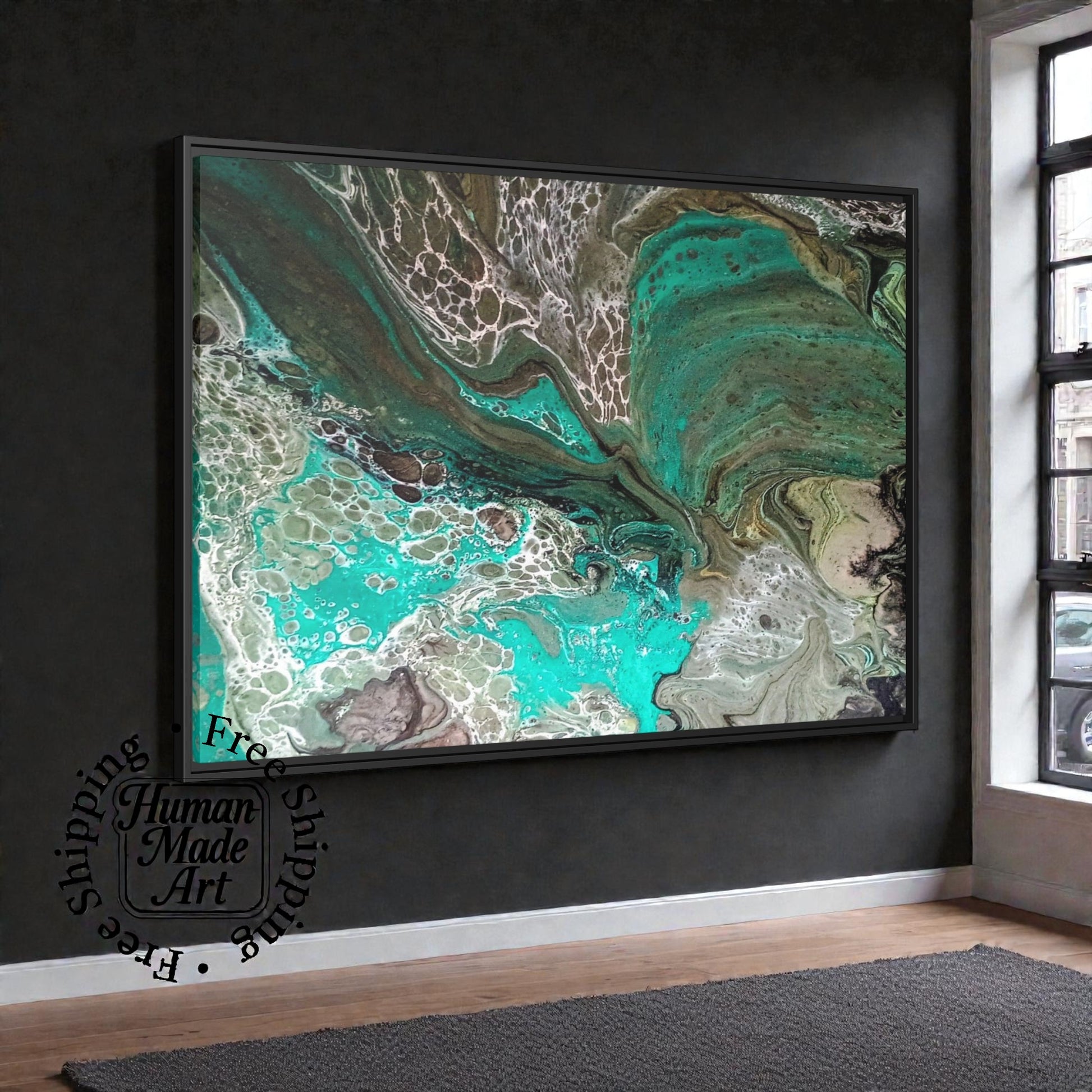 Teal wall art that is an abstract art piece in a modern living room with a window