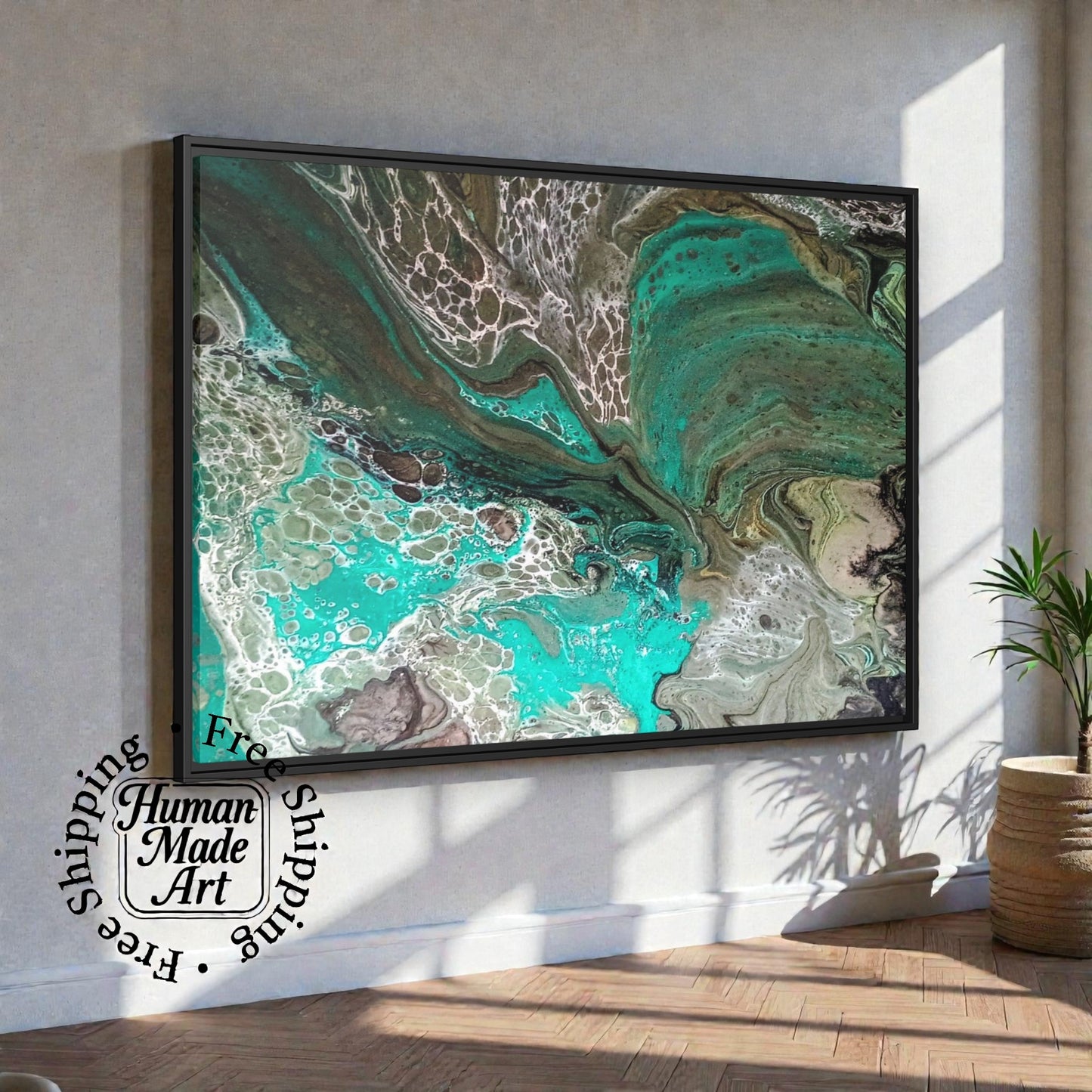 Framed Canvas abstract art piece in a boho style  interior setting with a plant and 'Human Made Art' branding.